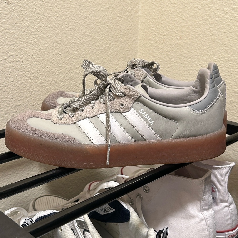 Adidas Gray and White Samba Sneakers with Gum Sole